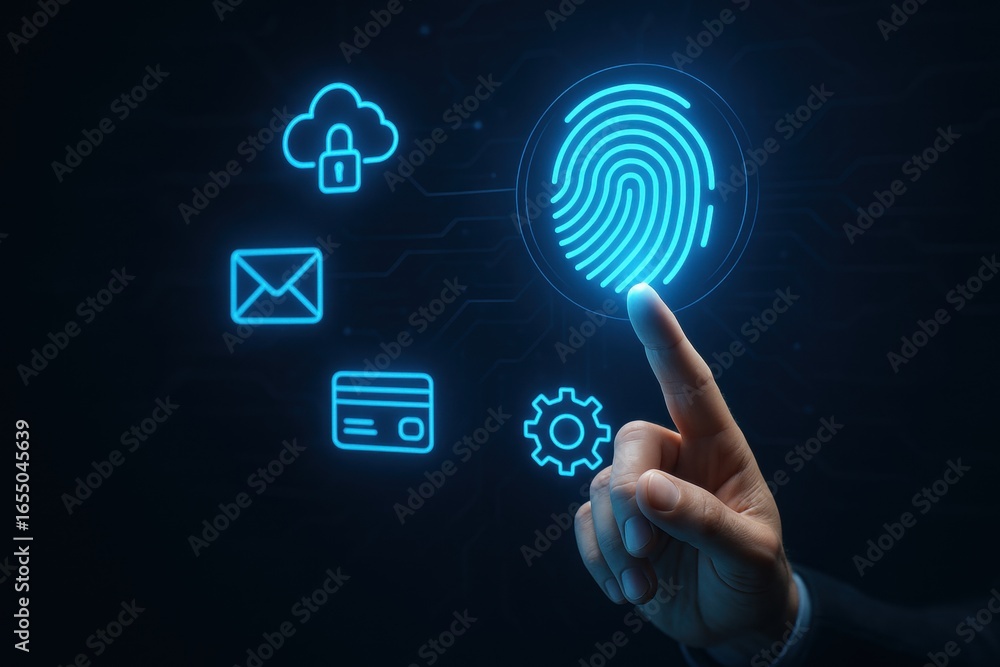 Poster digital authentication: a futuristic image of a person's index finger interacting with a luminous fi