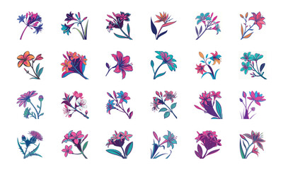 Collection of 24 Beautiful Colorful Flower Illustrations Featuring Daisies, Tulips, Hibiscus, Sunflowers, Plumeria, Roses, Lilies, Lavender, and Mixed Botanical Art Elements in Elegant Hand-Drawn Styl