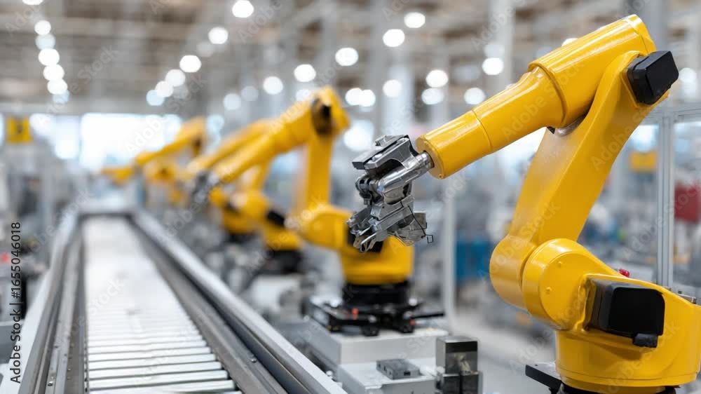 Poster automated manufacturing: industrial robots diligently perform tasks in a modern, automated factory, 