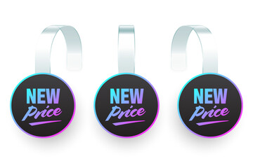 Colorful neon supermarket promotional wobblers. Realistic wobbler template for shelf advertising. Sale or discount label with ad text. Special offer price tag. Vector illustration