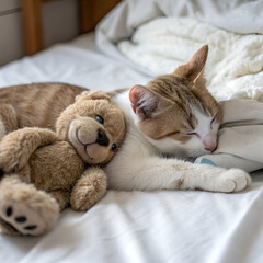 A cute cat resting peacefully on a bed, cuddled beside a soft teddy bear.