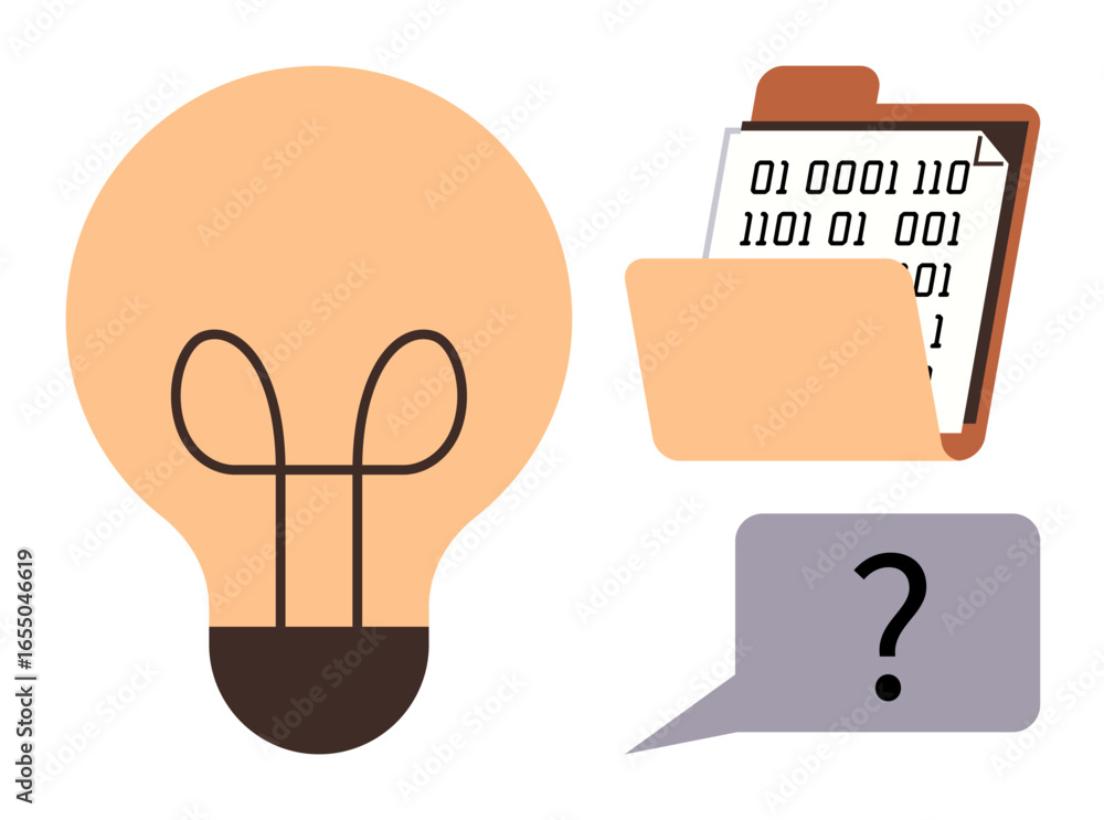 Poster lightbulb symbolizes ideas, folder with binary represents digital data, and speech bubble with quest