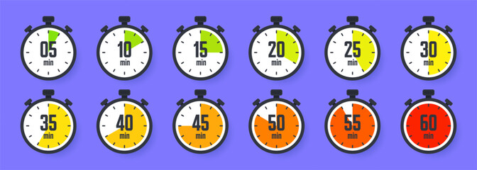 Stopwatch icons. Colorful simple chronometer, time counter with dial. Countdown timer showing hours and minutes. Deadline, measurement for sport. Cooking time label, sticker. Vector illustration