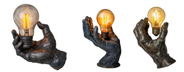 Hand holding a glowing light bulb isolated on transparent background