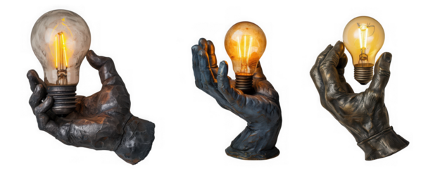 Hand holding a glowing light bulb isolated on transparent background