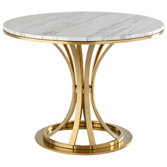 Round marble top dining table with gold pedestal base isolated on transparent background