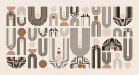 Arch and circle elements, modern geometric shapes. Contemporary design, mid century minimalist art. Trendy design elements for wall decor, posters, books, covers and flyers. Vector illustration