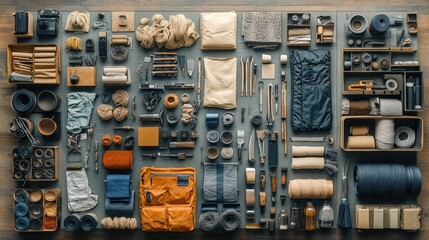 Organized, artisan, tools, textiles, studio, top view, workshop, supplies