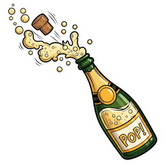 A cartoon illustration of a champagne bottle popping its cork, isolated on transparent background, perfect for celebrations and festive occasions