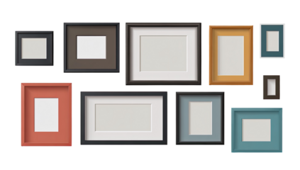 Multiple picture frames of various colors and sizes, arranged on a black background