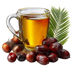 A clear mug filled with golden liquid surrounded by palm fruit and leaf isolated on transparent background