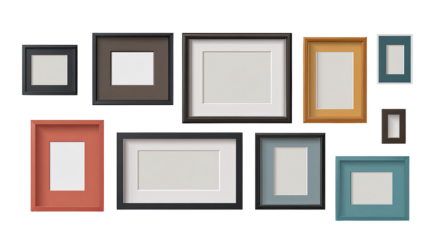 Multiple picture frames of various colors and sizes, arranged on a black background