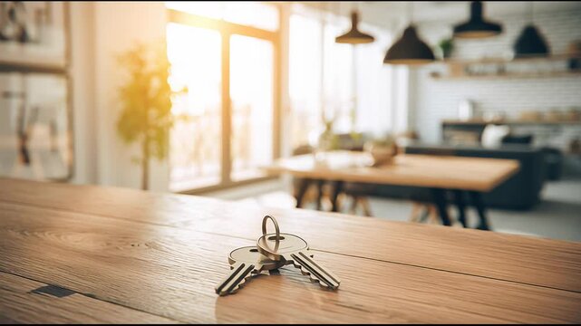 Golden morning glow illuminates keys on a wooden table in a cozy kitchen setting
