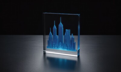 Modern cityscape etched in a glass block