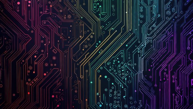 Vibrant Rainbow Circuitry Glowing on a Dark, Futuristic Motherboard