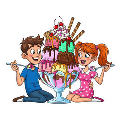 A delightful cartoon illustration of a boy and girl enjoying a giant ice cream sundae isolated on transparent background, a sweet treat for sharing