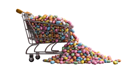 A miniature shopping cart overflowing with colorful candies.  Candies spill from the cart onto a black background