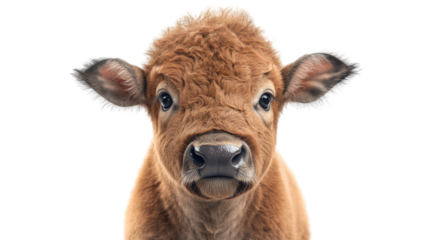 Adorable highland cow calf posing on transparent background