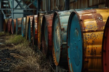 Obraz premium Rusty barrels are left outside to decay, creating an image of industrial waste and environmental neglect