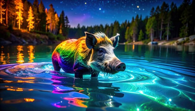 Rainbow Pig in Lake Fantasy Magical Forest Night.