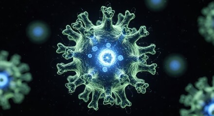 3D rendering of a microscopic virus particle with glowing core, representing a dangerous pathogen causing global health issues and infectious disease outbreaks.