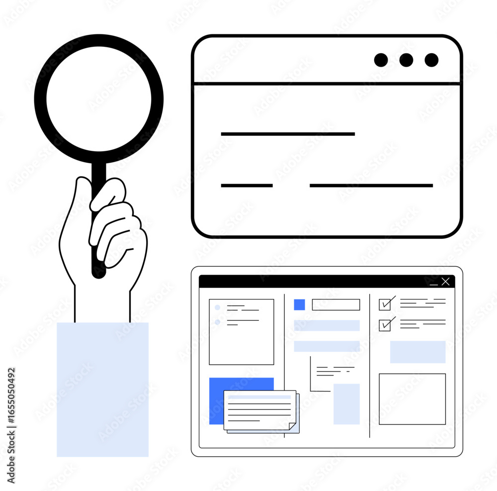 Poster hand with magnifying glass examining browser tab and interface, emphasizing data analysis, research,