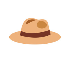 classic wide-brimmed hat. Light brown hat with dark brown band, minimalist flat style on white background.