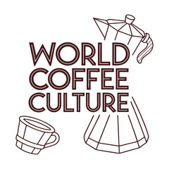 Minimalist World Coffee Culture Illustration with Italian Moka Pot Filter and Cup for Coffee Shop Branding and Beverage Design