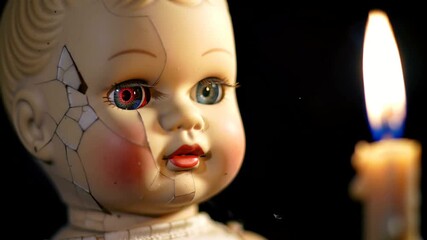 Creepy broken doll face illuminated by candlelight in the darkness. - Powered by Adobe