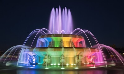 Multicolored fountain display at night.  Water jets illuminate the night sky with vibrant hues