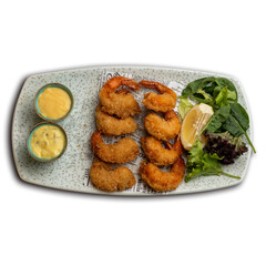 Breaded shrimp, crispy, golden, seafood, fried, gourmet, closeup, appetizer, plate, texture, tasty, fresh, crustacean, ocean, delicious, seafooddish, crunchy, breading, cuisine, edible, marine, gourme