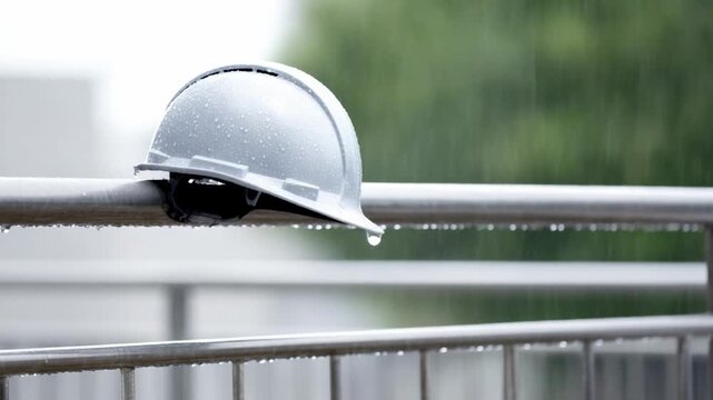 Rainy Day Safety: A wet construction helmet rests on a railing, showcasing a moment of quiet reflection amidst a construction site. The raindrops add a visual appeal, highlighting the conditions.
