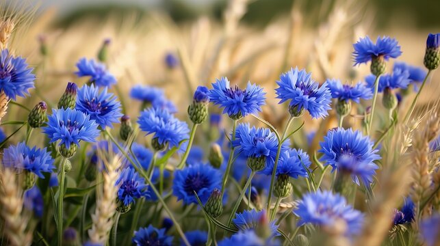 Photorealistic side view of a dense field of vibrant blue cornflowers (Centaurea cyanus) mixed with golden wheat ears wallpaper
