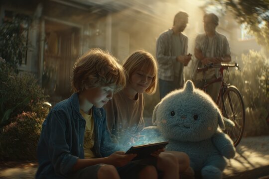 Two children looking at a tablet screen outdoors with a plush toy next to them, while their fathers are standing behind them with a bicycle in the background.