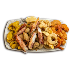 Fried octopus, seafood, gourmet dish, Mediterranean cuisine, plated food, closeup, grilled, tasty, fresh, culinary presentation