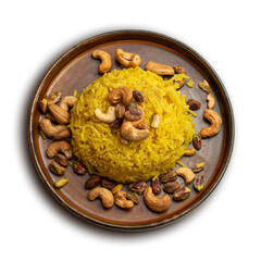 Rice with cashews, Asian cuisine, gourmet dish, healthy meal, plated food, vegetarian, nuts, closeup
