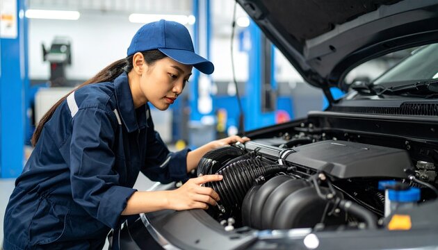 Female Mechanic Inspecting Car Engine Automotive Repair Expertise