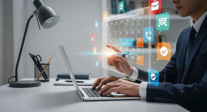 Businessman using modern calendar app on laptop, scheduling appointments, managing time, planning projects, and achieving goals with ease