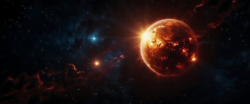 fiery alien planet with molten surface and radiant light in dramatic celestial scene