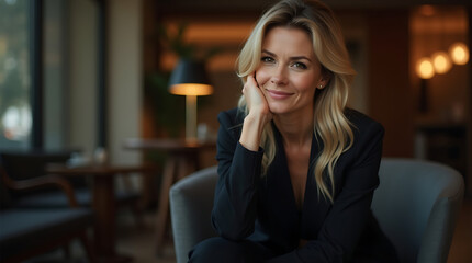 Attractive blonde woman in black blazer smiling and resting her chin on her hand in a modern office setting