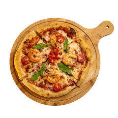 Shrimp pizza with cheese and tomato sauce, seafood Italian cuisine, delicious baked dish, restaurant style presentation
