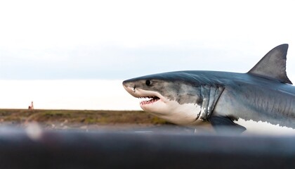 Naklejka premium A large great white shark emerges from the water, its mouth agape, showcasing sharp teeth against a backdrop of a distant shoreline.