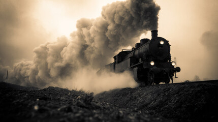 Armored train advances through war-torn battlefield amidst thick smoke and dust