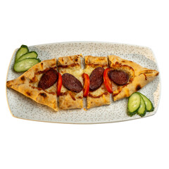 Khachapuri with sausage and cheese, traditional Georgian dish, baked bread with melted cheese filling, delicious cuisine
