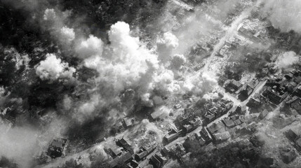 Aerial view of a devastated city during a conflict captured in black and white
