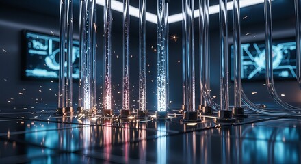 Futuristic data center with fiber optic cables and glowing lights for technology concept