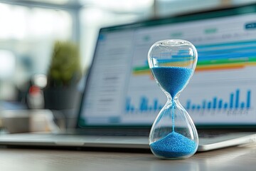 Hourglass on desk, laptop in background