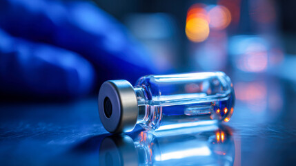 Macro close-up of a transparent glass vial with reflections and blue background