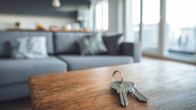 Close-up of metal keys resting on wooden table in modern living room setting during daylight