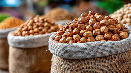 Burlap sacks brimming with dried chickpeas and legumes displaying colorful harvest abundance at rustic open-air market stall, showcasing agricultural richness